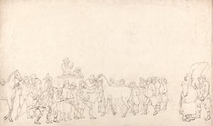Een paardenverkoop bij Hopkins Repository (een schets) door Thomas Rowlandson